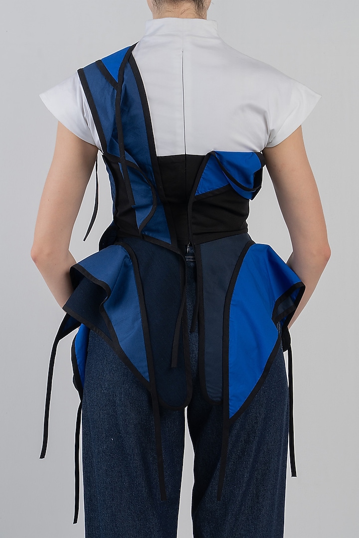 Navy Blue & White Cotton Asymmetrical Top by LEH STUDIOS at Pernia's Pop Up Shop