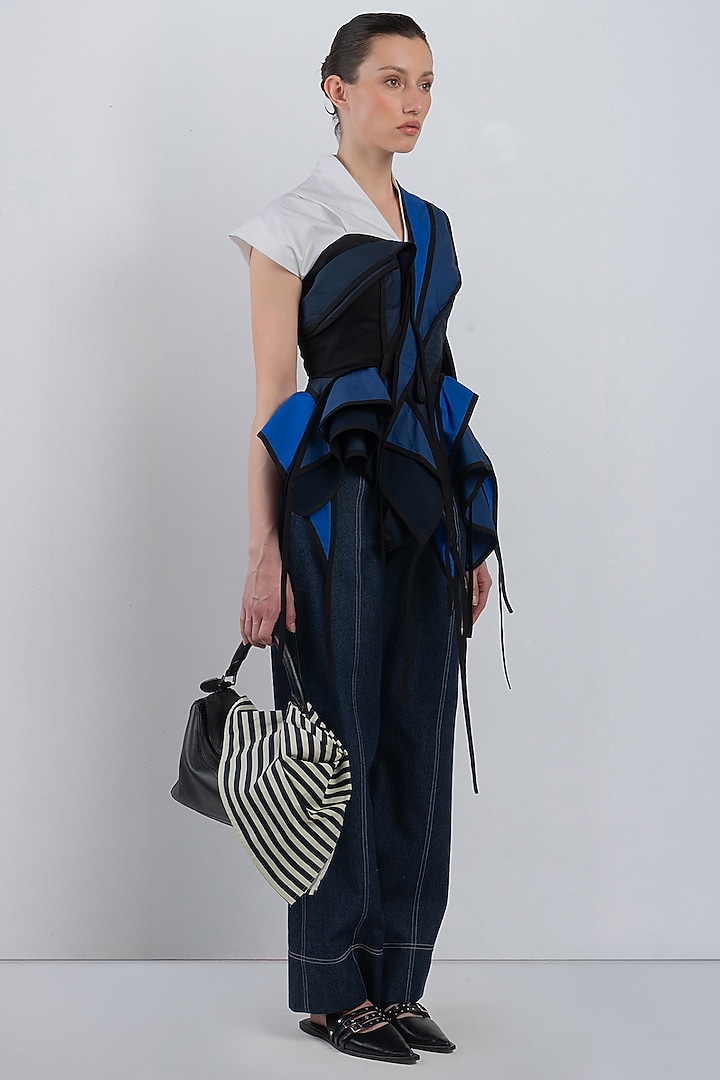 Navy Blue & White Cotton Asymmetrical Top by LEH STUDIOS at Pernia's Pop Up Shop