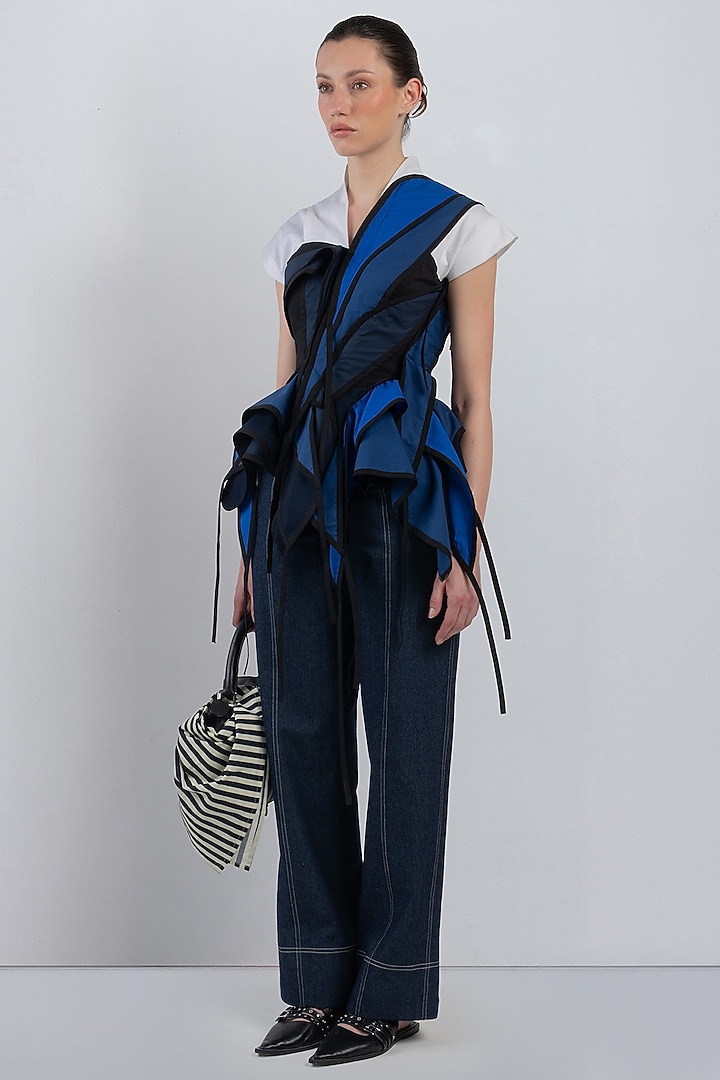 Navy Blue & White Cotton Asymmetrical Top by LEH STUDIOS at Pernia's Pop Up Shop