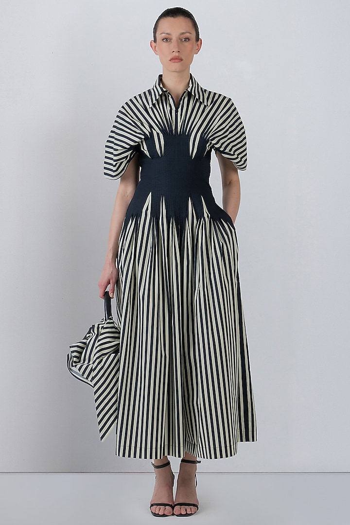 Black & White Cotton Striped Midi Vacation Dress by LEH STUDIOS at Pernia's Pop Up Shop