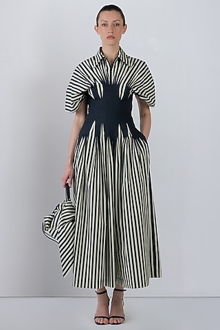 Black & White Cotton Striped Midi Dress by LEH STUDIOS
