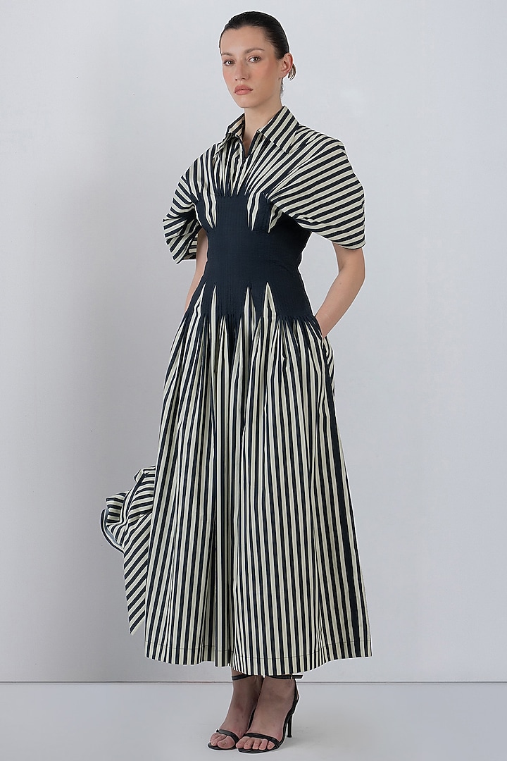 Black & White Cotton Striped Midi Vacation Dress by LEH STUDIOS at Pernia's Pop Up Shop