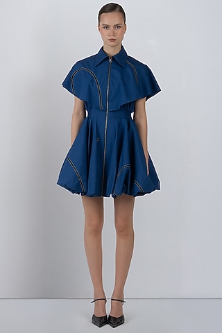 Lapis Blue Cotton Mini Dress by LEH STUDIOS