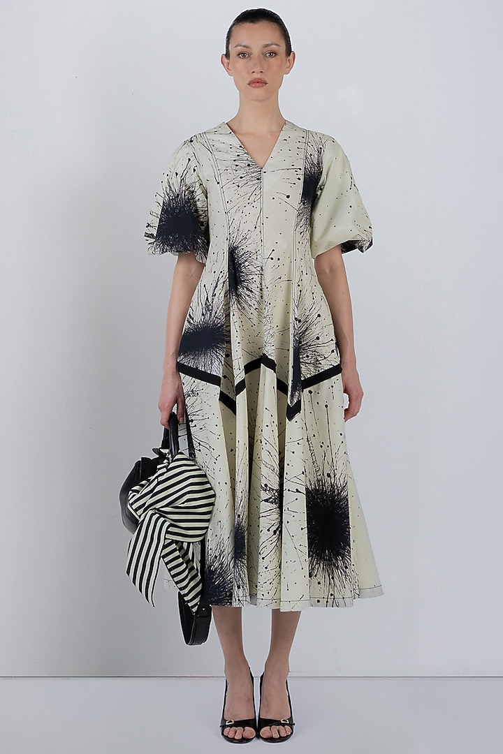 Ivory & Black Cotton Printed Maxi Vacation Dress by LEH STUDIOS at Pernia's Pop Up Shop