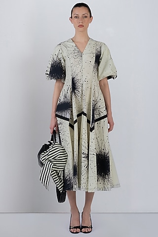 Ivory & Black Cotton Printed Maxi Dress by LEH STUDIOS