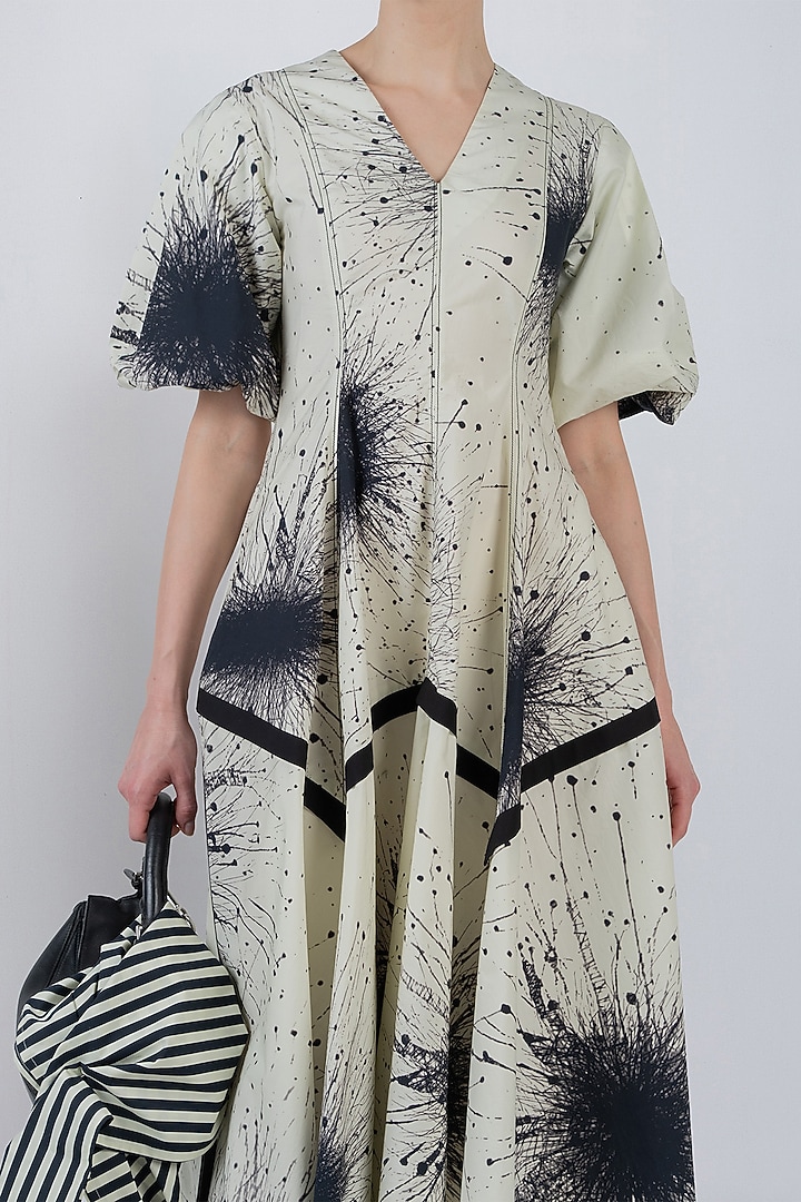 Ivory & Black Cotton Printed Maxi Vacation Dress by LEH STUDIOS at Pernia's Pop Up Shop