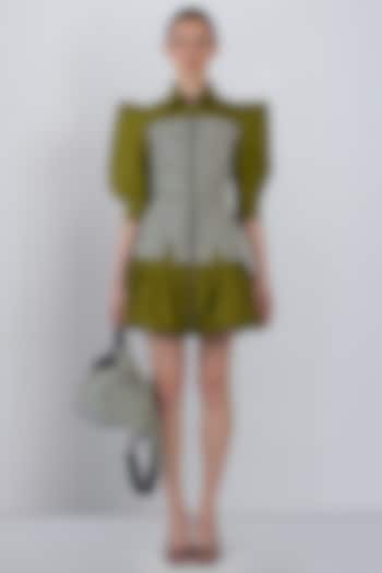 Olive Green Cotton Structured Mini Vacation Dress by LEH STUDIOS at Pernia's Pop Up Shop