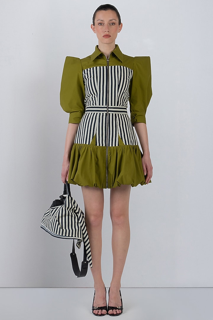 Olive Green Cotton Structured Mini Vacation Dress by LEH STUDIOS at Pernia's Pop Up Shop