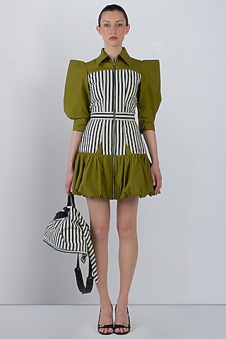Olive Green Cotton Structured Mini Dress by LEH STUDIOS
