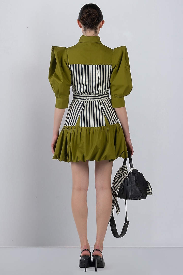 Olive Green Cotton Structured Mini Vacation Dress by LEH STUDIOS at Pernia's Pop Up Shop