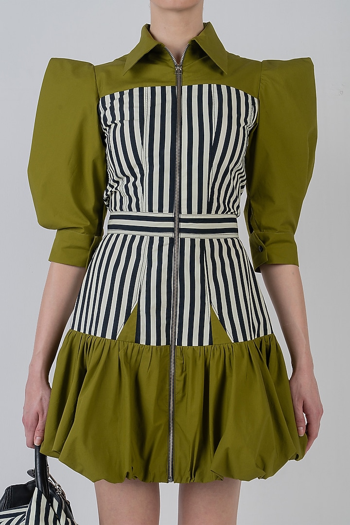 Olive Green Cotton Structured Mini Vacation Dress by LEH STUDIOS at Pernia's Pop Up Shop