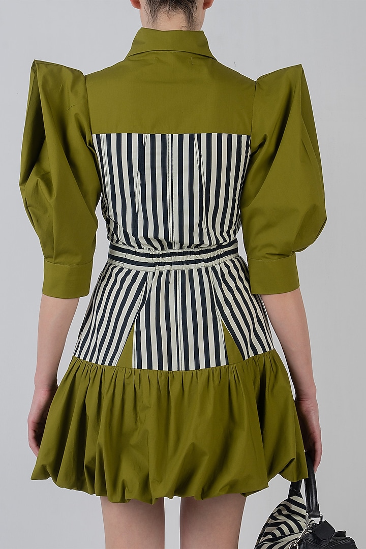 Olive Green Cotton Structured Mini Vacation Dress by LEH STUDIOS at Pernia's Pop Up Shop