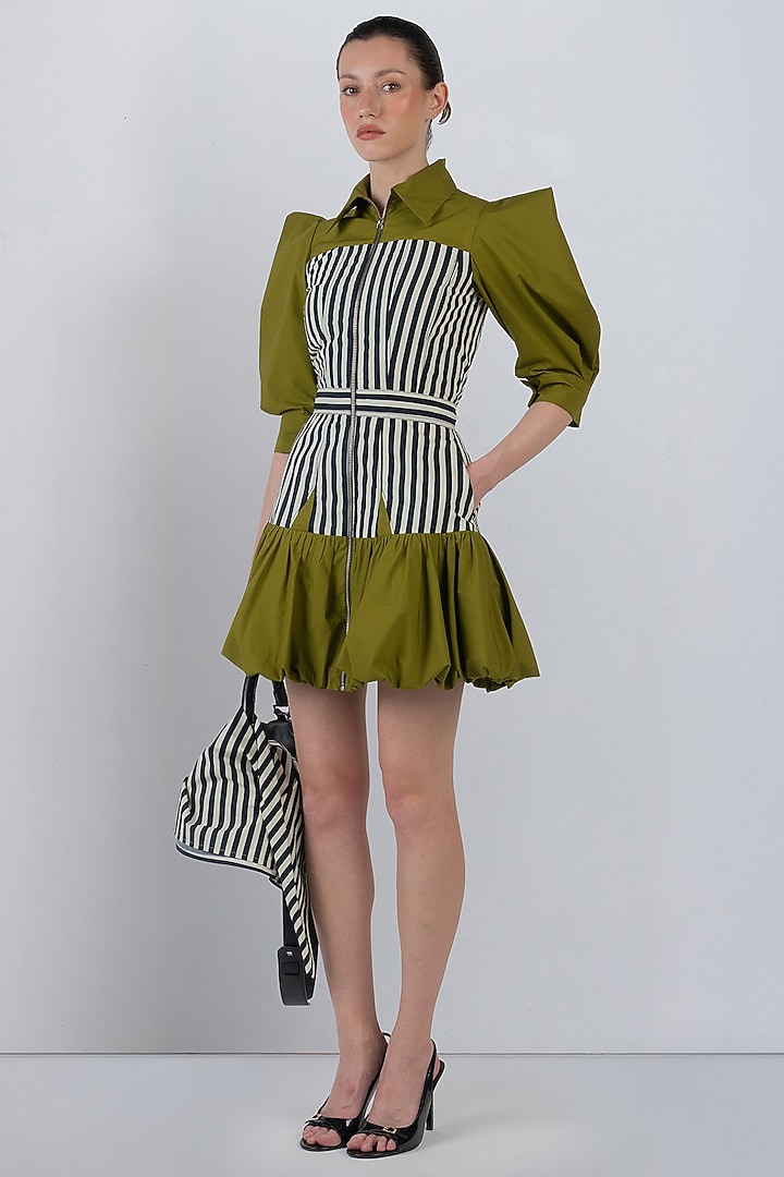 Olive Green Cotton Structured Mini Vacation Dress by LEH STUDIOS at Pernia's Pop Up Shop
