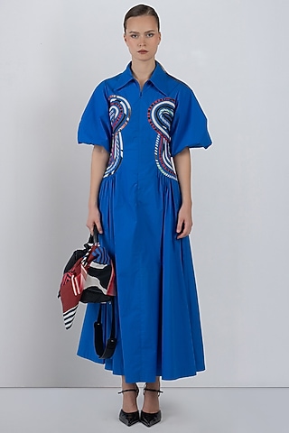 Cobalt Blue Cotton Midi Dress by LEH STUDIOS