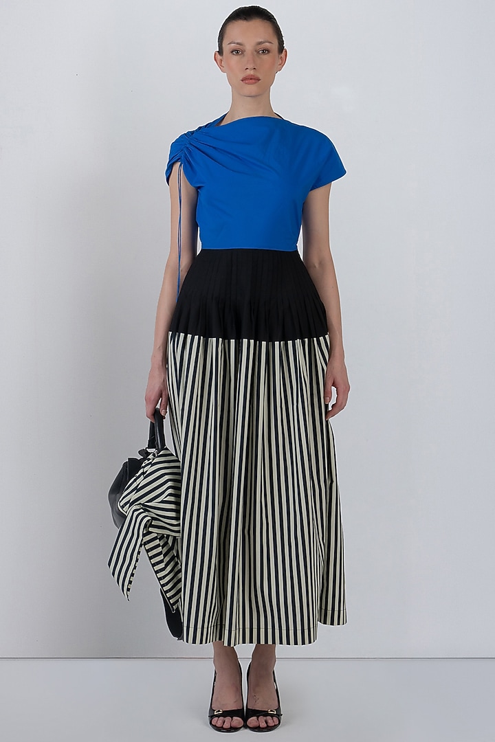 Cobalt Blue & Black Cotton Striped Midi Vacation Dress by LEH STUDIOS at Pernia's Pop Up Shop