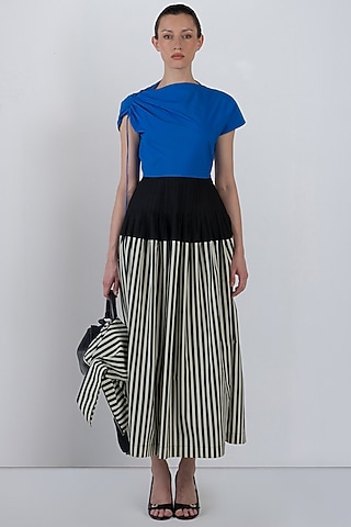 Cobalt Blue & Black Cotton Striped Midi Dress by LEH STUDIOS