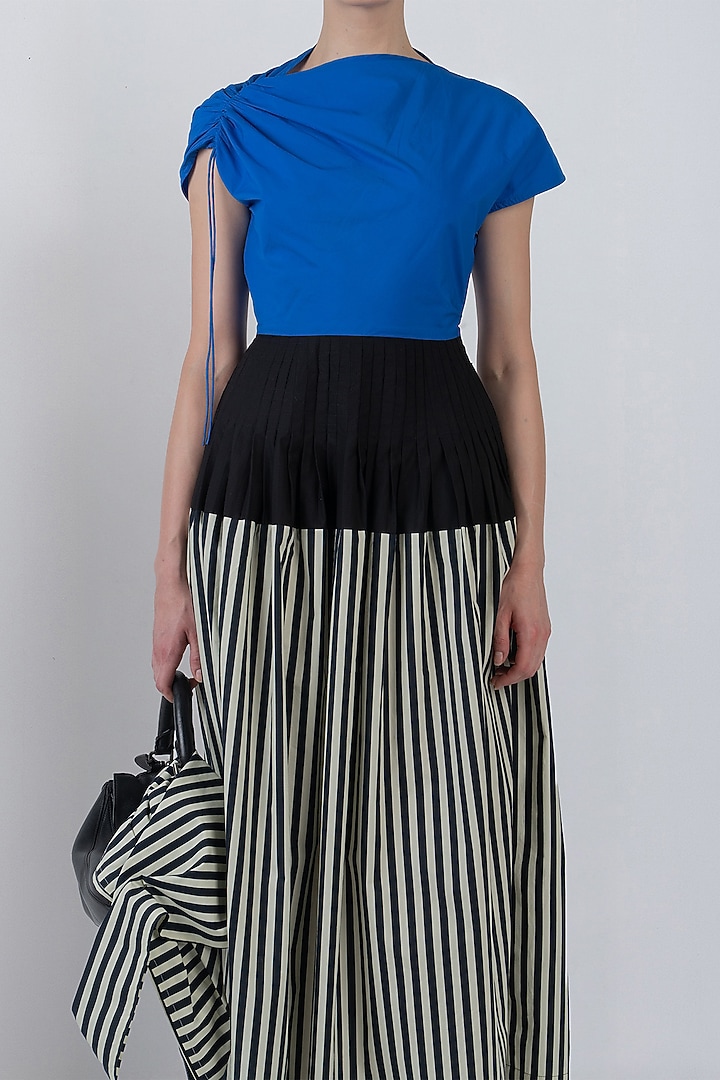 Cobalt Blue & Black Cotton Striped Midi Vacation Dress by LEH STUDIOS at Pernia's Pop Up Shop