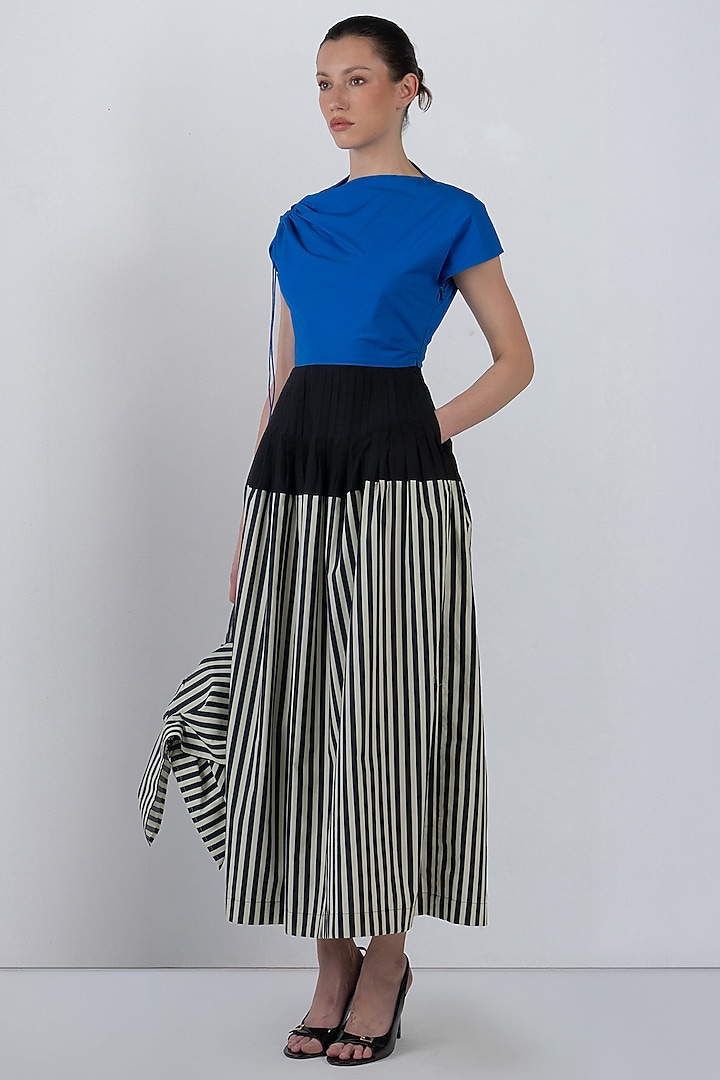 Cobalt Blue & Black Cotton Striped Midi Vacation Dress by LEH STUDIOS at Pernia's Pop Up Shop