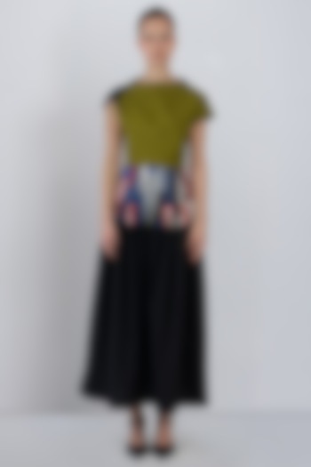 Olive Green & Black Cotton Striped Midi Vacation Dress by LEH STUDIOS at Pernia's Pop Up Shop
