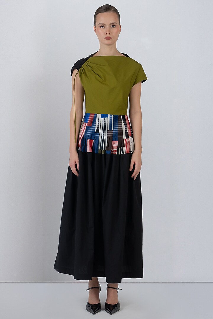 Olive Green & Black Cotton Striped Midi Vacation Dress by LEH STUDIOS at Pernia's Pop Up Shop