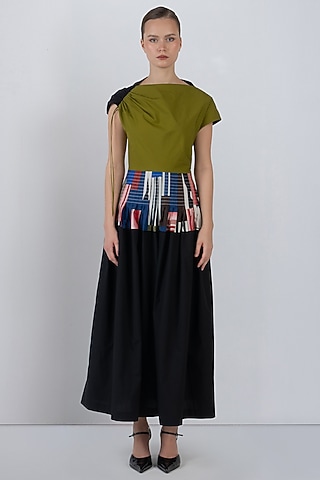 Olive Green & Black Cotton Striped Midi Dress by LEH STUDIOS