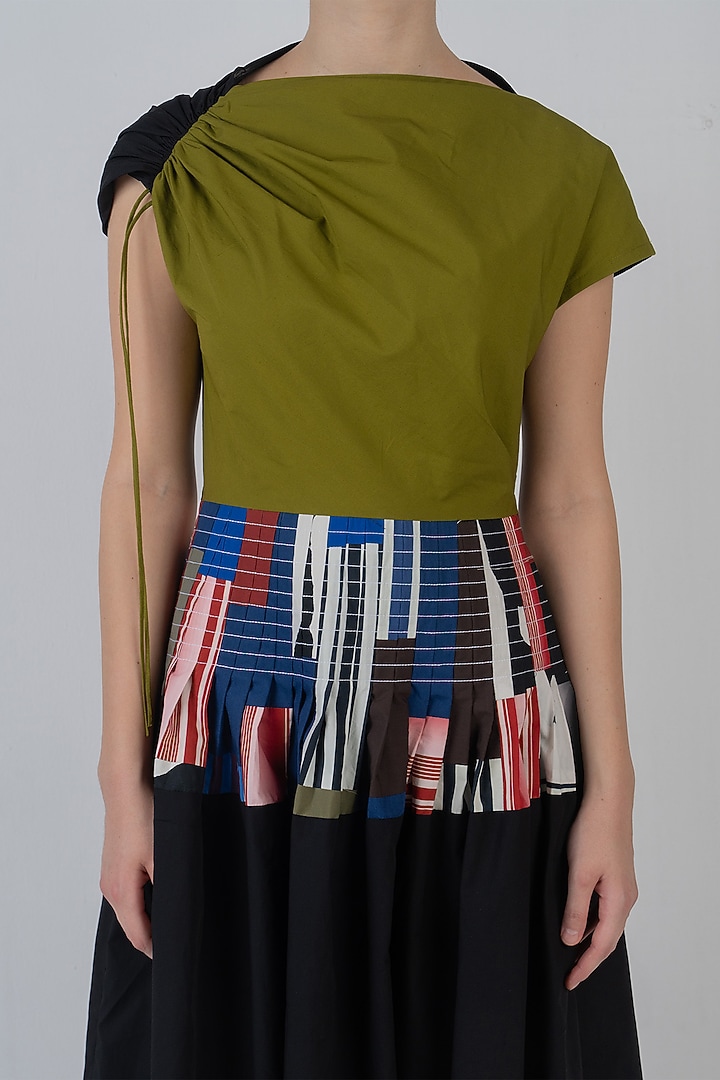 Olive Green & Black Cotton Striped Midi Vacation Dress by LEH STUDIOS at Pernia's Pop Up Shop