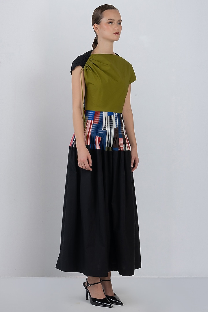 Olive Green & Black Cotton Striped Midi Vacation Dress by LEH STUDIOS at Pernia's Pop Up Shop