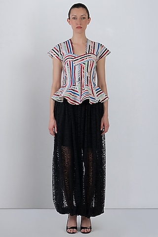 Multi-Colored Cotton Striped Peplum Top by LEH STUDIOS