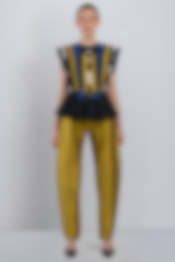 Lime Yellow Polyester Pleated Pants by LEH STUDIOS at Pernia's Pop Up Shop