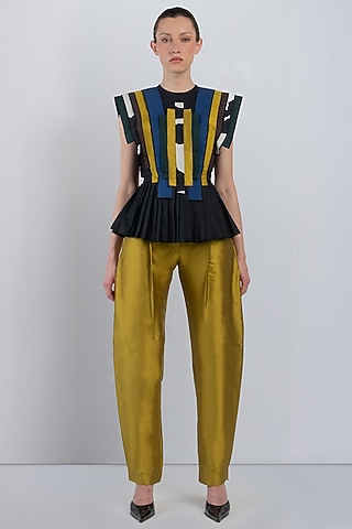 Lime Yellow Polyester Pleated Pants by LEH STUDIOS