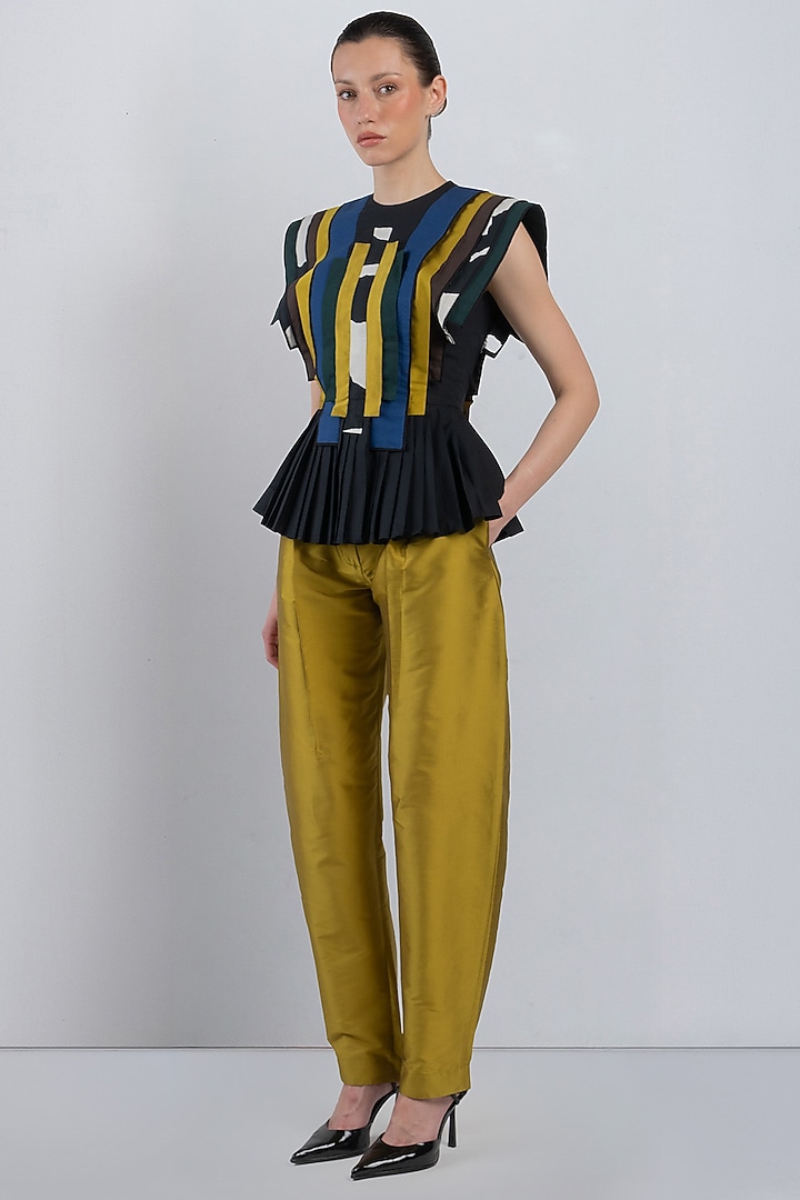 Lime Yellow Polyester Pleated Pants by LEH STUDIOS at Pernia's Pop Up Shop