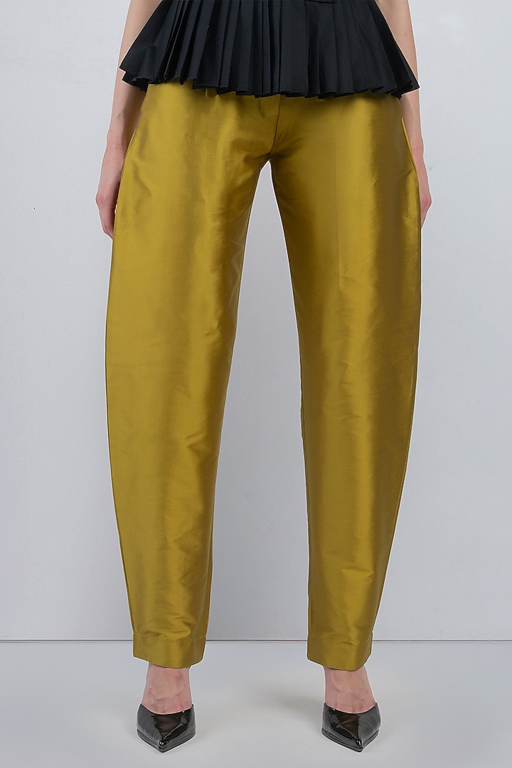Lime Yellow Polyester Pleated Pants by LEH STUDIOS at Pernia's Pop Up Shop