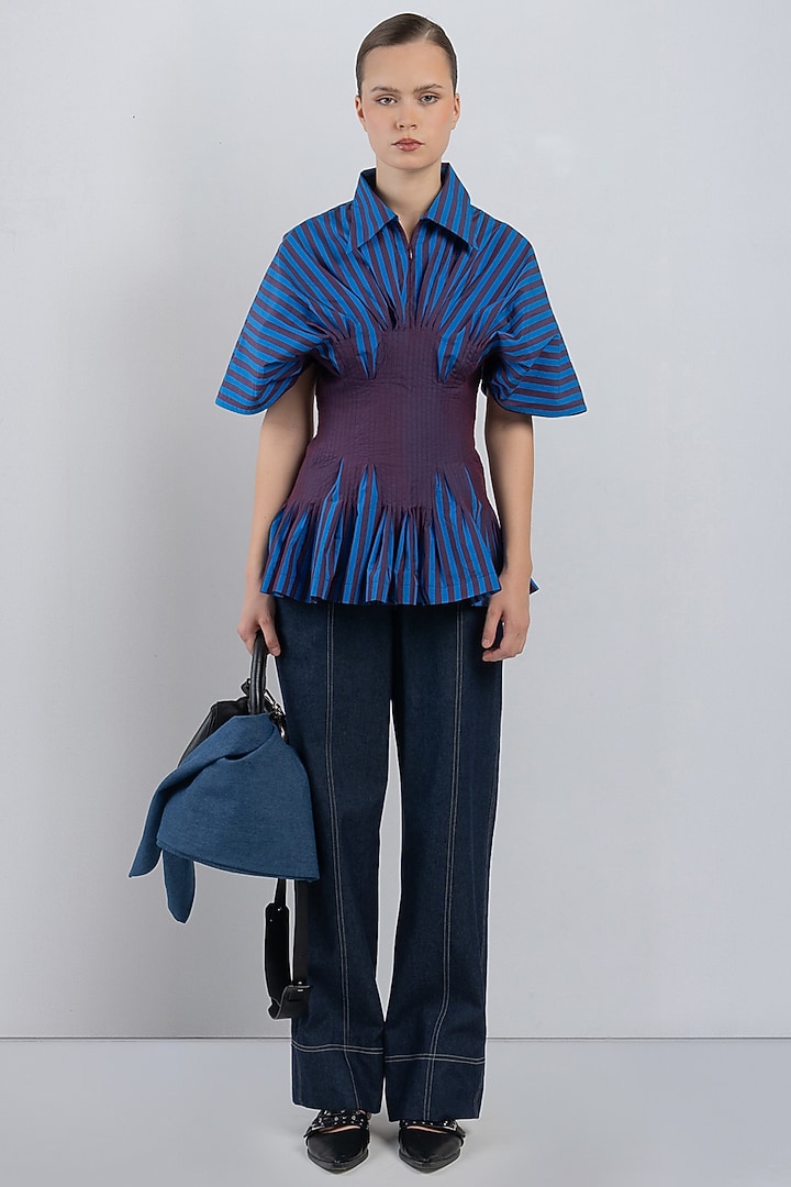 Blue  Plum Cotton Striped Top by LEH STUDIOS at Pernia's Pop Up Shop