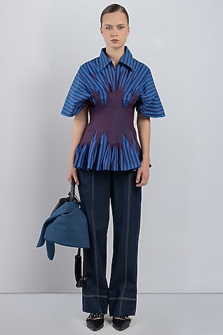 Blue  Plum Cotton Striped Top by LEH STUDIOS