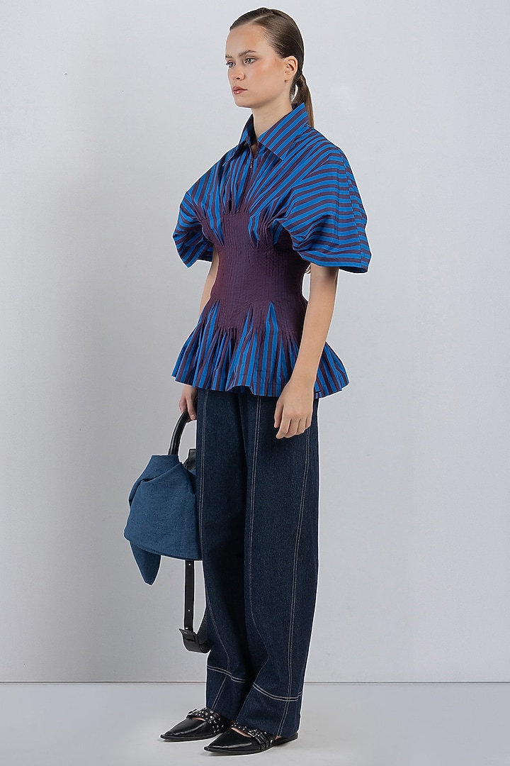 Blue  Plum Cotton Striped Top by LEH STUDIOS at Pernia's Pop Up Shop