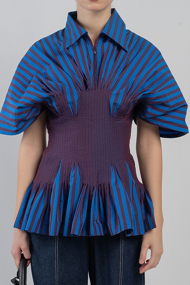 Blue  Plum Cotton Striped Top by LEH STUDIOS at Pernia's Pop Up Shop