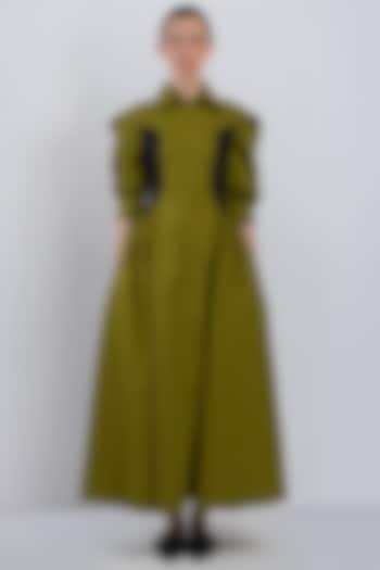 Olive & Black Cotton Flared Vacation Dress by LEH STUDIOS at Pernia's Pop Up Shop