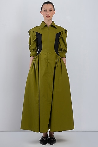 Olive & Black Cotton Flared Dress by LEH STUDIOS