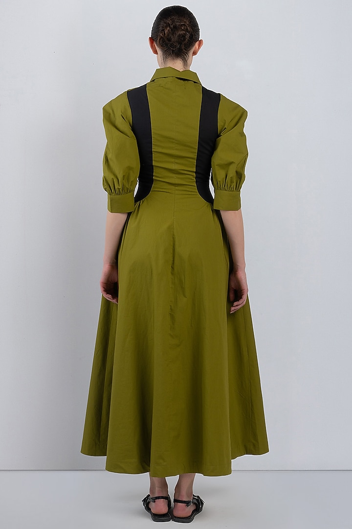 Olive & Black Cotton Flared Vacation Dress by LEH STUDIOS at Pernia's Pop Up Shop