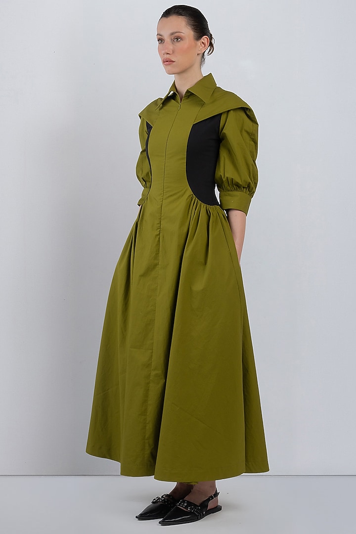 Olive & Black Cotton Flared Vacation Dress by LEH STUDIOS at Pernia's Pop Up Shop