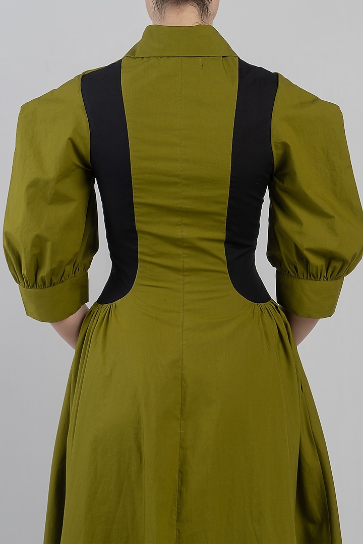 Olive & Black Cotton Flared Vacation Dress by LEH STUDIOS at Pernia's Pop Up Shop