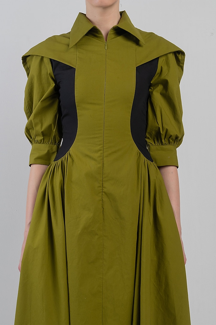 Olive & Black Cotton Flared Vacation Dress by LEH STUDIOS at Pernia's Pop Up Shop