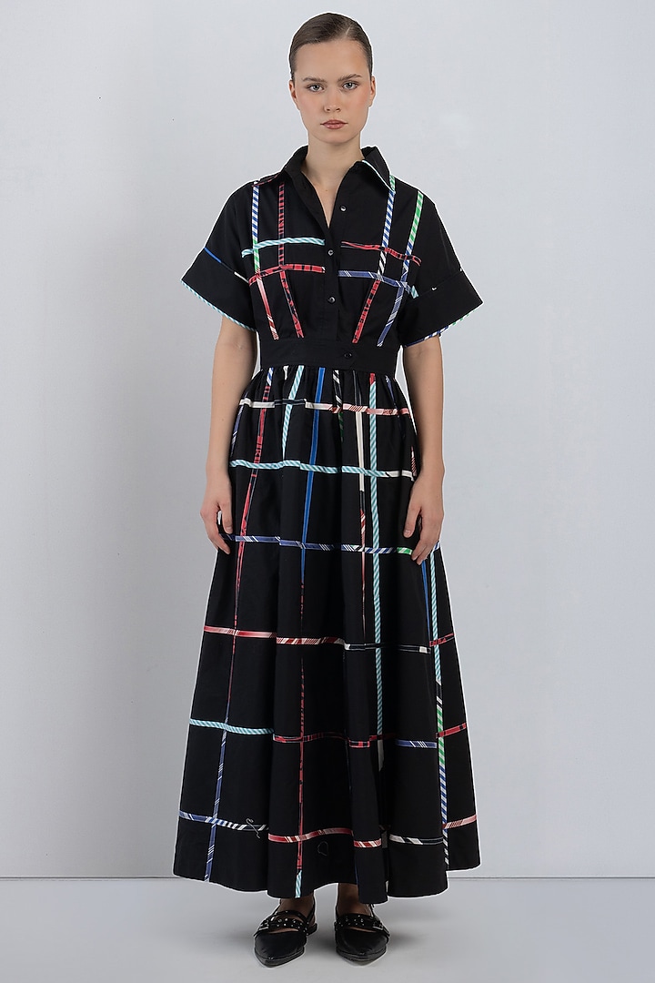 Black Cotton Checkered Vacation Dress by LEH STUDIOS at Pernia's Pop Up Shop