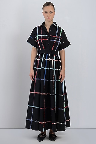 Black Cotton Checkered Dress by LEH STUDIOS