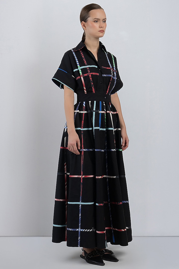 Black Cotton Checkered Vacation Dress by LEH STUDIOS at Pernia's Pop Up Shop