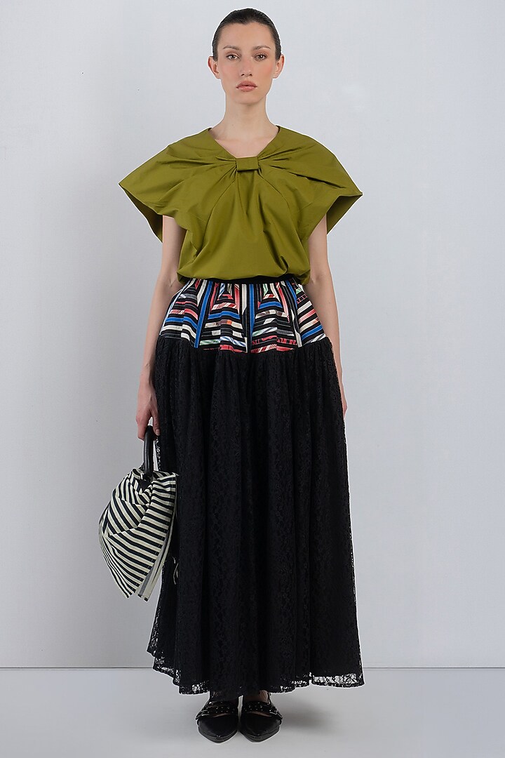Black Viscose & Polyester Paneled Skirt by LEH STUDIOS at Pernia's Pop Up Shop