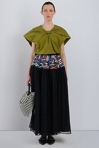 Black Viscose & Polyester Paneled Skirt by LEH STUDIOS