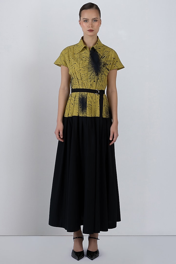 Black & Lime Yellow Cotton Pleated Maxi Vacation Dress by LEH STUDIOS at Pernia's Pop Up Shop