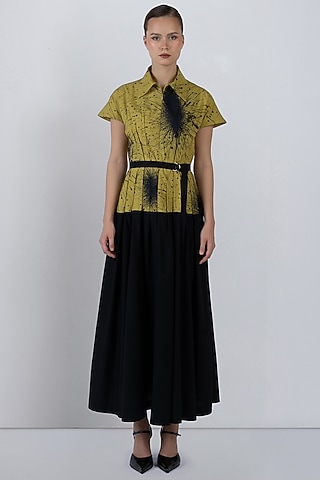 Black & Lime Yellow Cotton Pleated Maxi Dress by LEH STUDIOS