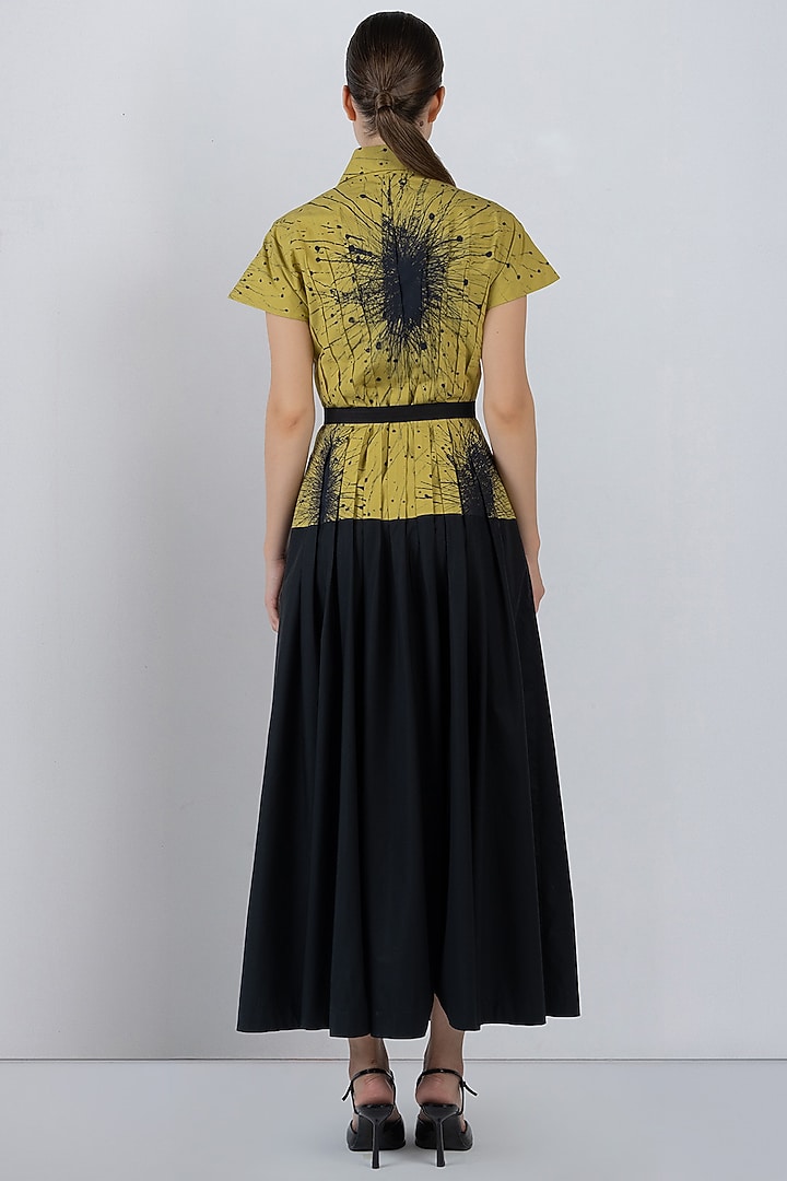 Black & Lime Yellow Cotton Pleated Maxi Vacation Dress by LEH STUDIOS at Pernia's Pop Up Shop